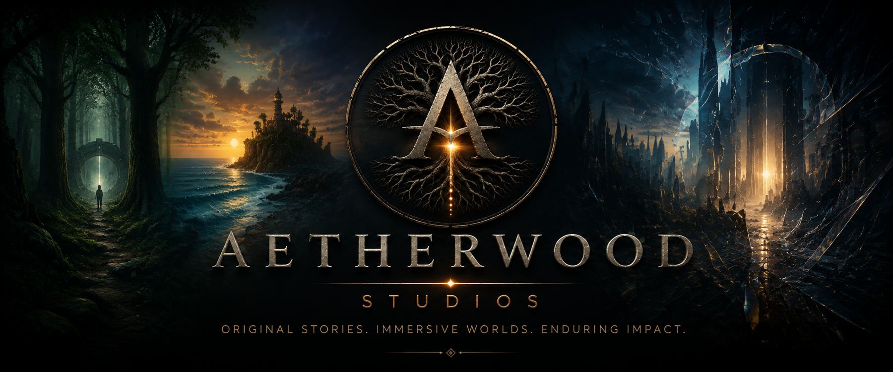 The Aetherwood Studios tree emblem between a glowing forest and a moonlit city, with the words Original stories, immersive worlds, enduring impact
