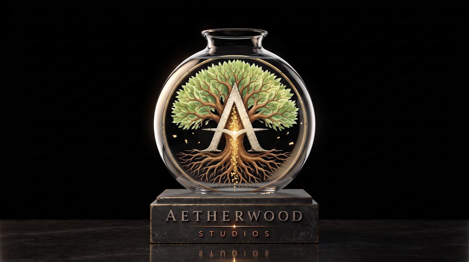 A glass vase holding a miniature Aetherwood tree on a dark table, the studio name etched on its base