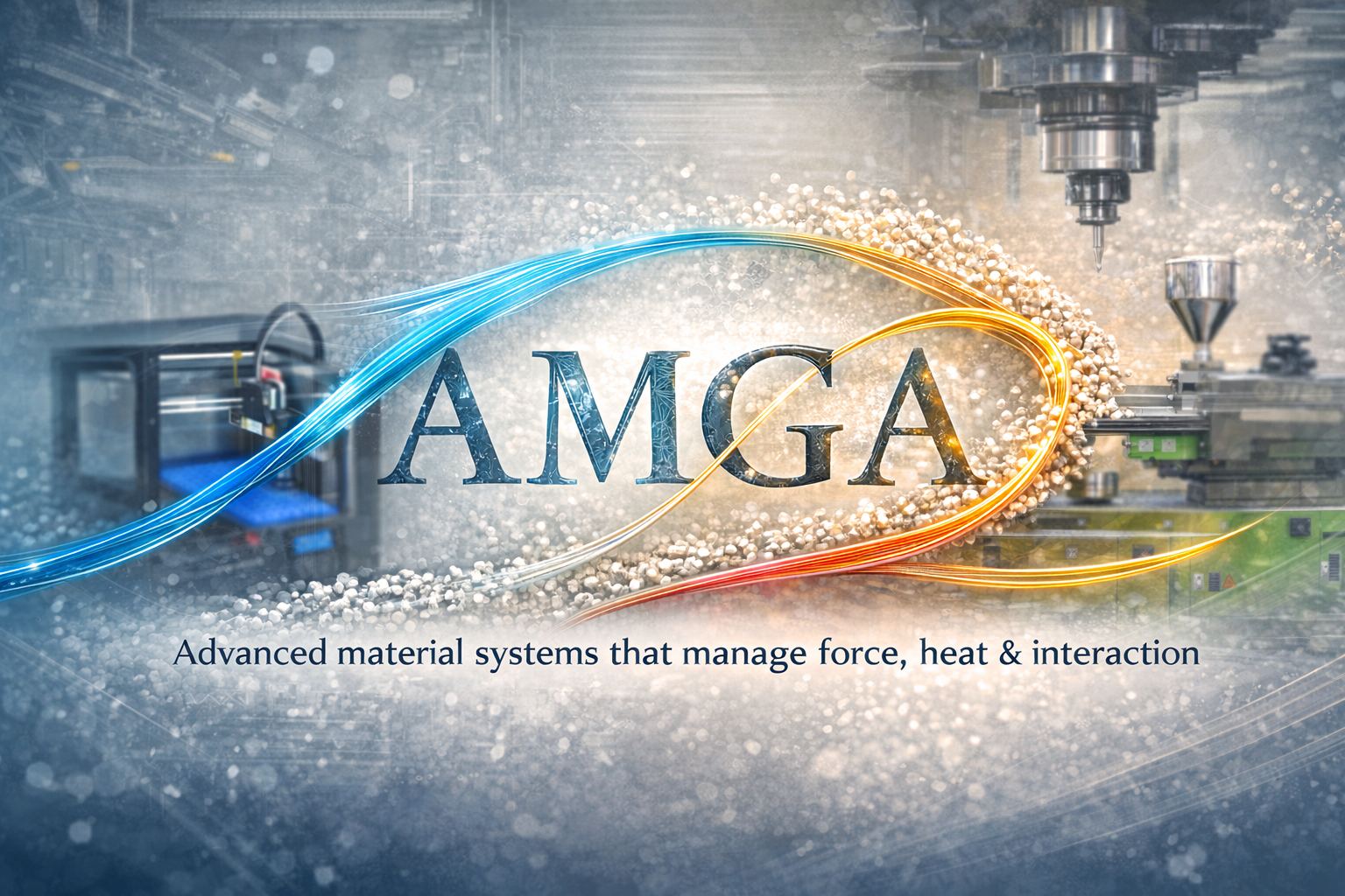 Printer, resin pellets, a machining center and a molding press arranged around the AMGA wordmark