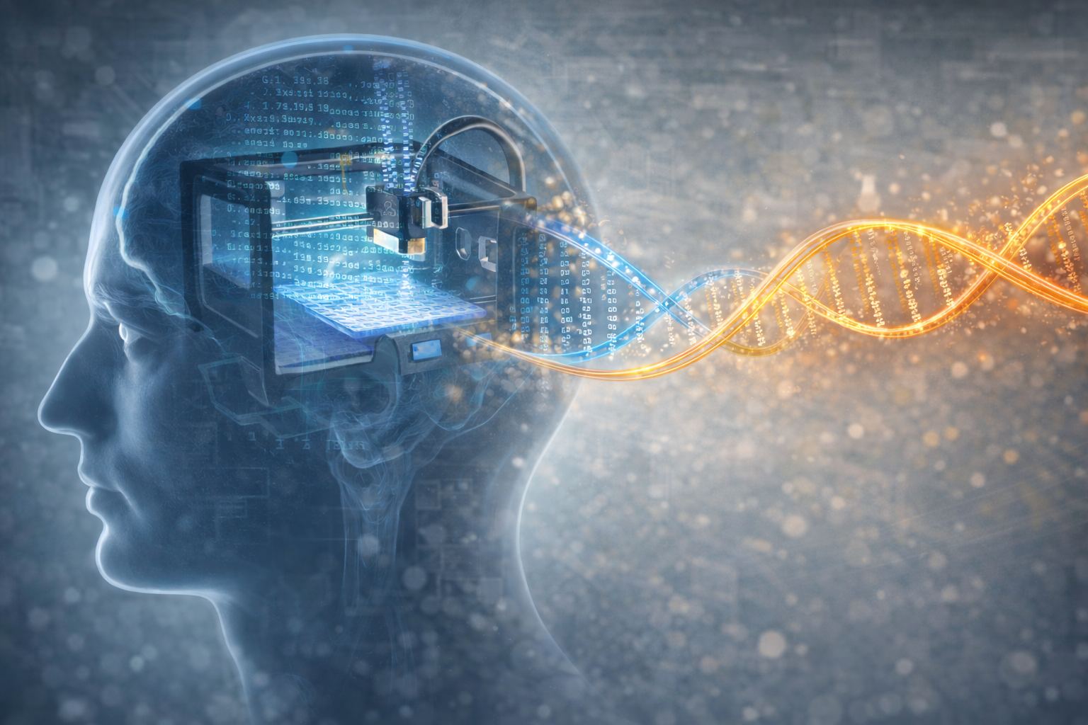 A head in profile with a 3D printer working inside, a helix of code streaming out