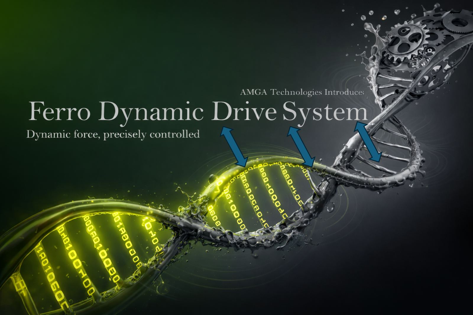 A double helix of glowing green code bridged by gray mechanical links and gears
