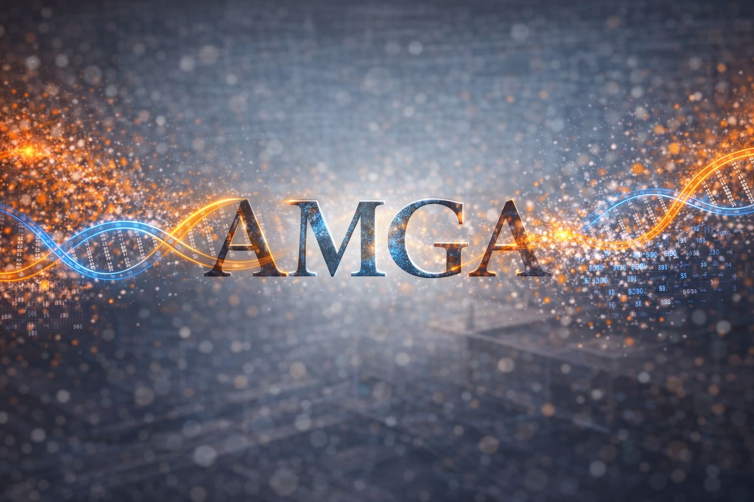 The AMGA wordmark in steel, threaded on a blue and amber double helix over drifting light