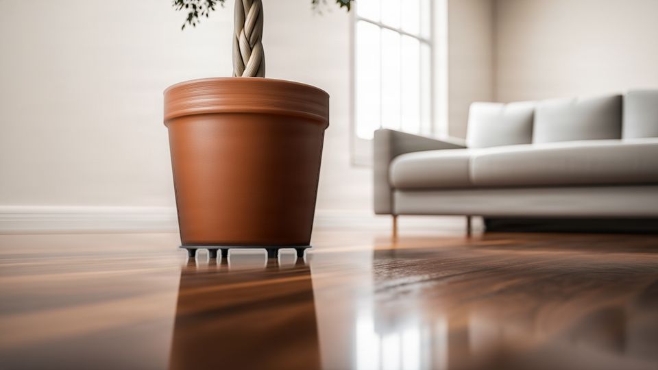 A terracotta planter with a braided money tree resting on a HomeHalo ring over a polished wood floor