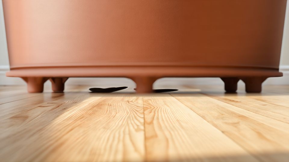 Floor-level view of a terracotta pot raised on a HomeHalo ring, light showing through the gap