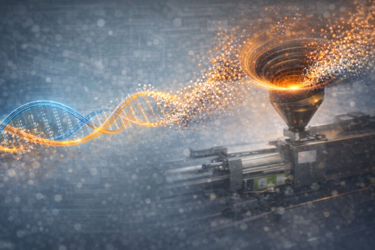 A helix breaking into resin pellets that spiral down into the hopper of an injection molding press