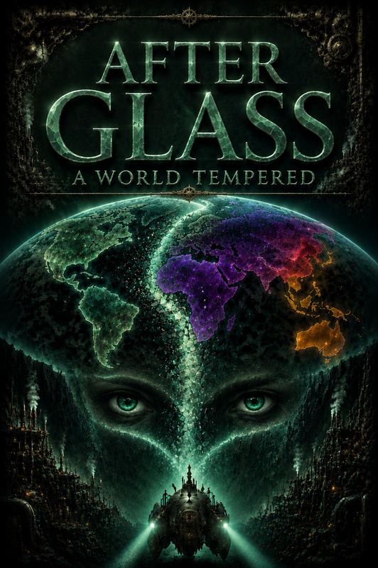 After Glass book cover: Earth split by green glowing fractures