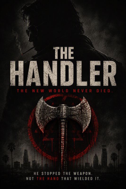 The Handler poster: a double-bladed axe over a city skyline