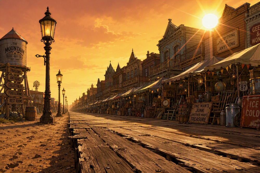Golden-hour boardwalk of an old western town