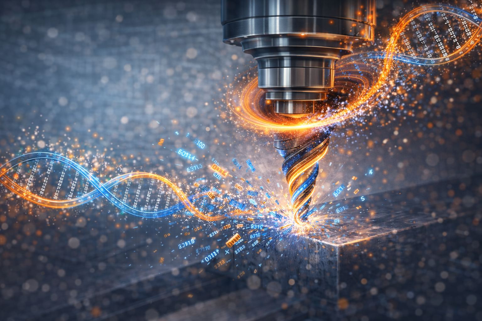 A CNC end mill cutting into a steel block, wrapped by a blue and amber helix