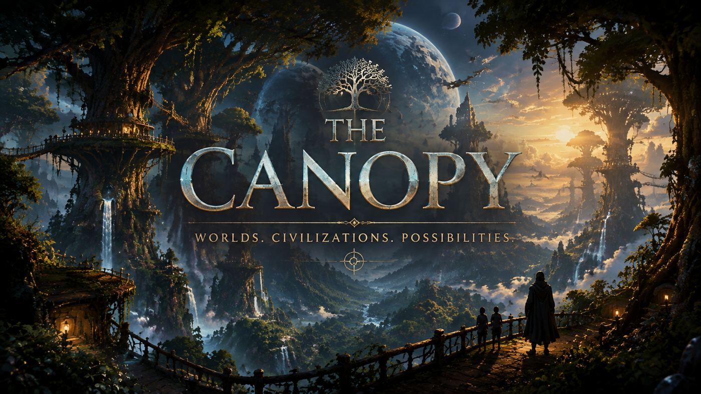 The Canopy title above a vast night city of lit towers and branching trees
