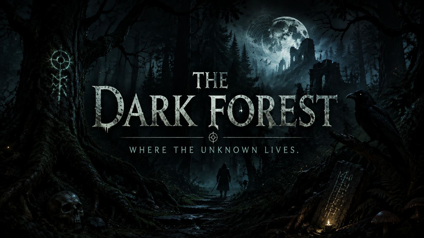 The Dark Forest title over black trees and a lone figure under a pale moon