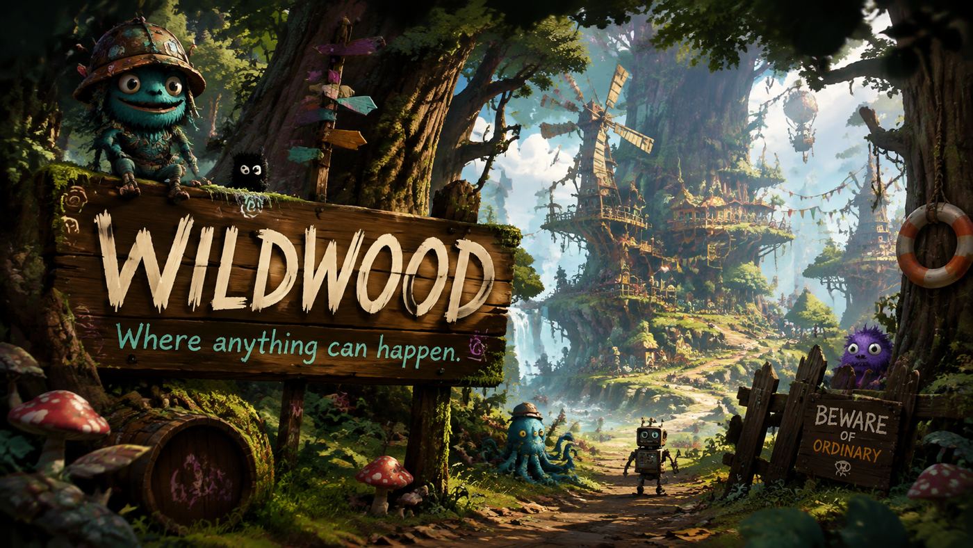 A carved Wildwood sign in a bright jungle full of treehouses and small creatures